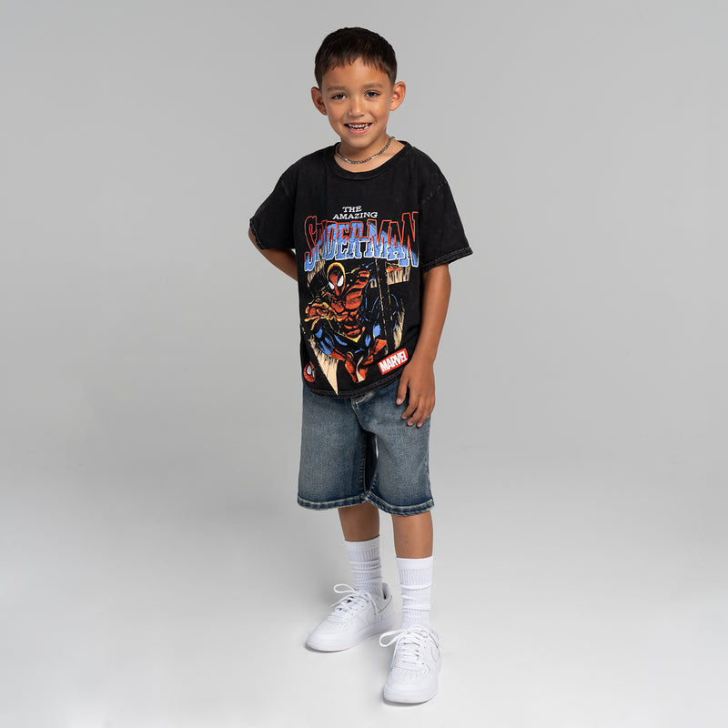 Youth black mineral wash T-shirt with centered Spider-Man comic-style artwork