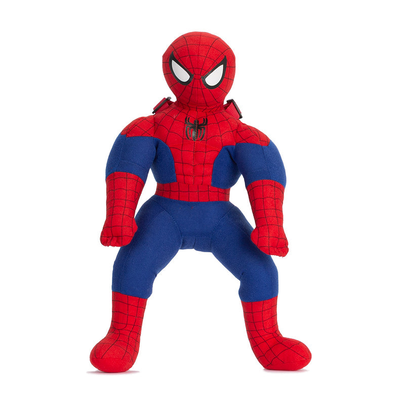 Red and blue plush Spider-themed backpack with two adjustable straps, front character face