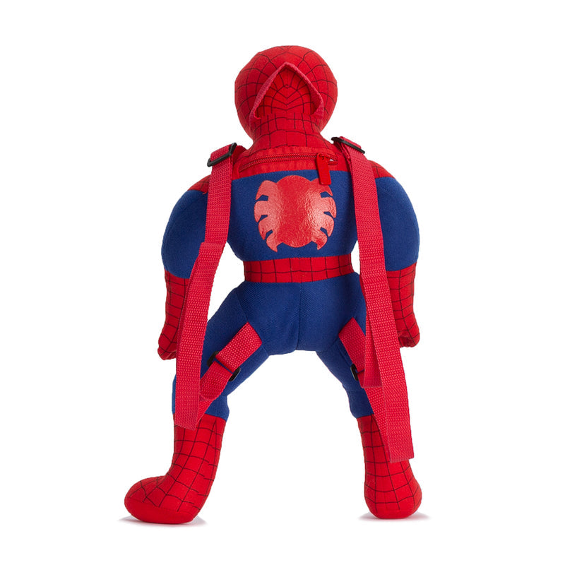 Red and blue plush Spider-themed backpack with back spider emblem and two long straps