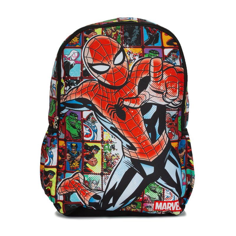Spider-themed graphic backpack in red, black, and blue with Marvel logo on front