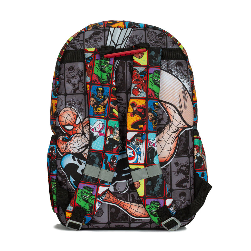 Spider-themed graphic backpack with padded shoulder straps and multi-color panel design