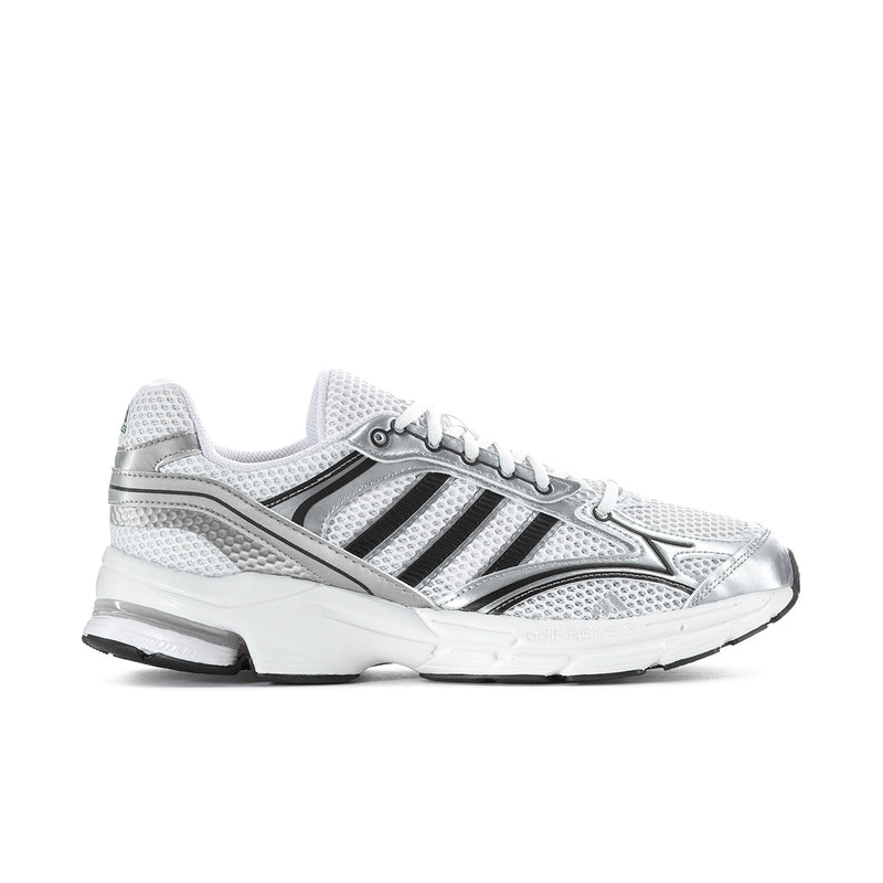 Men's running sneakers in white mesh with black-and-silver 3-stripe details.