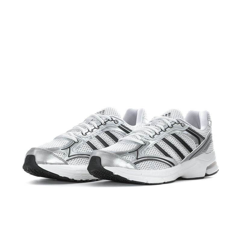 Pair of men's running sneakers, white mesh upper with black-and-silver stripes.