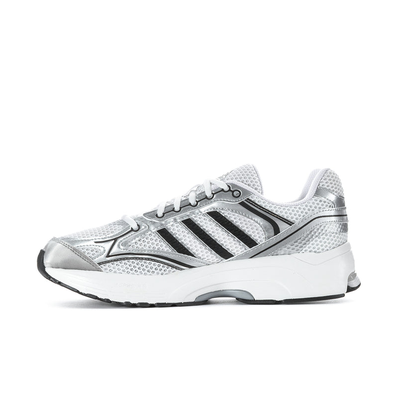 Men's side profile sneaker in white mesh with black 3-stripe and silver trim.