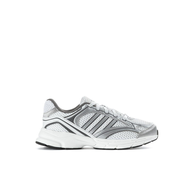 Grey kids running sneakers with three-bar side stripes and lace-up front