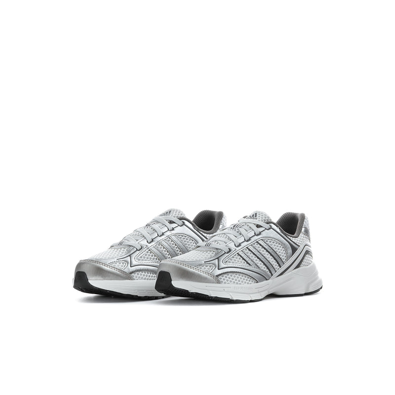 Grey kids running sneakers, angled side view with lace-up closure and cushioned sole