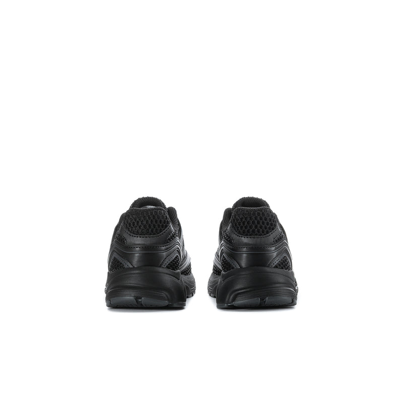 Kids black sneakers back view with heel tab and molded sole