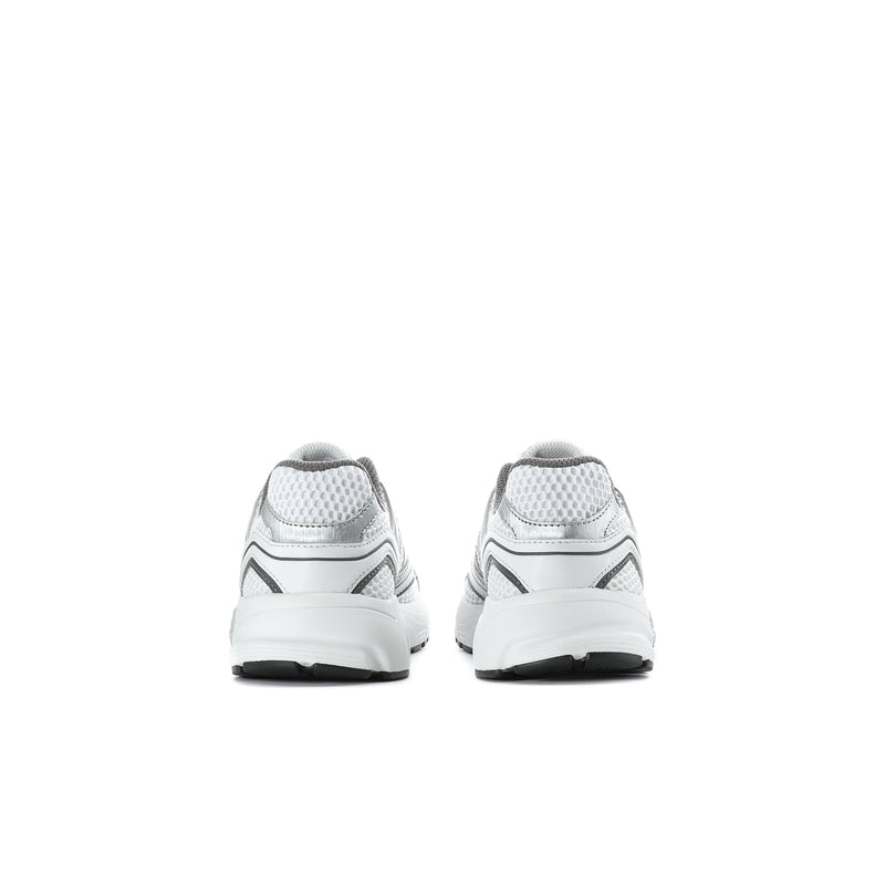 Pair of grey kids sneakers from the back, showing heel tabs and light sole