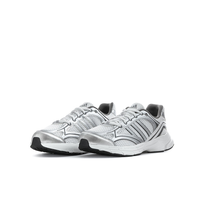 Pair of youth running shoes, light grey mesh uppers, lace-up and cushioned sole