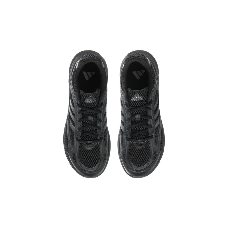 Youth black sneakers, top view with round toe and lace eyelets