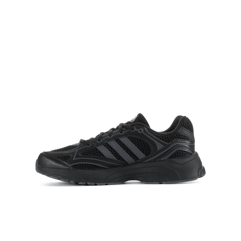 Youth black running sneaker, side profile with three stripe accents