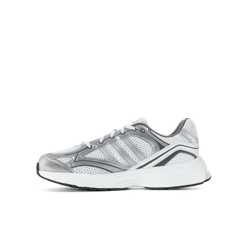 Youth running shoes side view in light grey and white, textured mesh and stripes