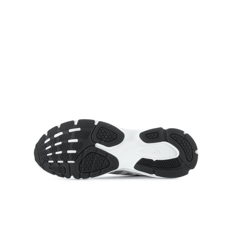 Youth running shoes outsole view, dark tread with light grey midsole and cushioning