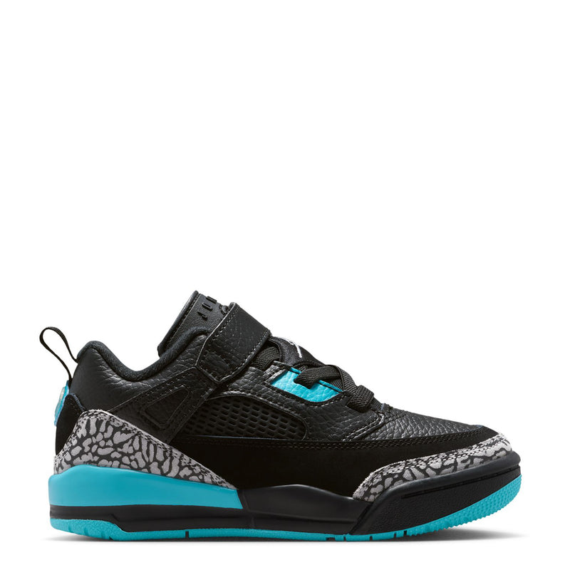 Kids black low-top sneakers with turquoise accents and grey patterned side panels