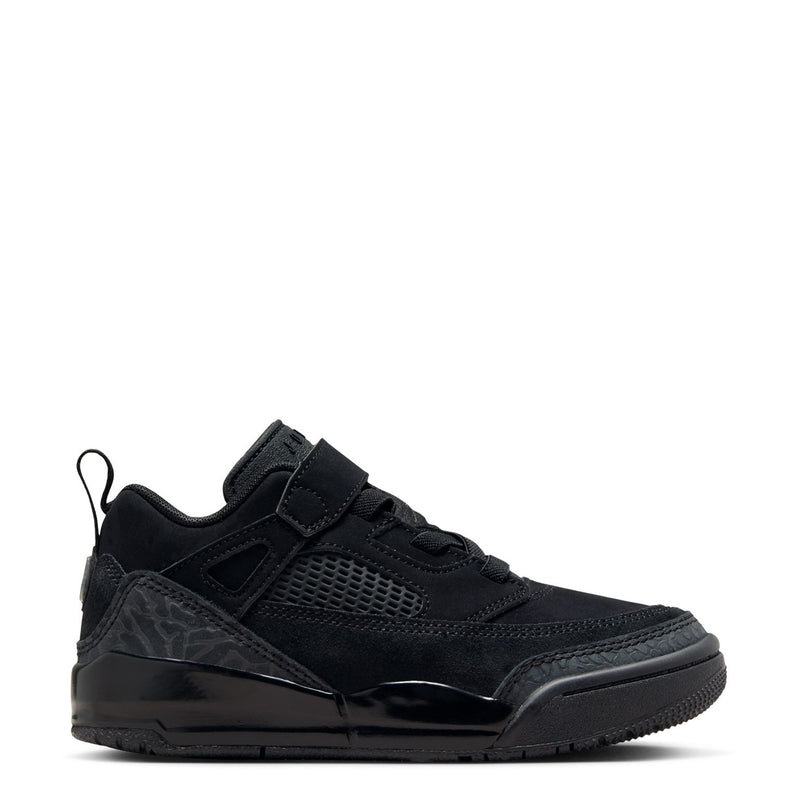 Kids black low-top sneakers with hook-and-loop strap and mesh paneling