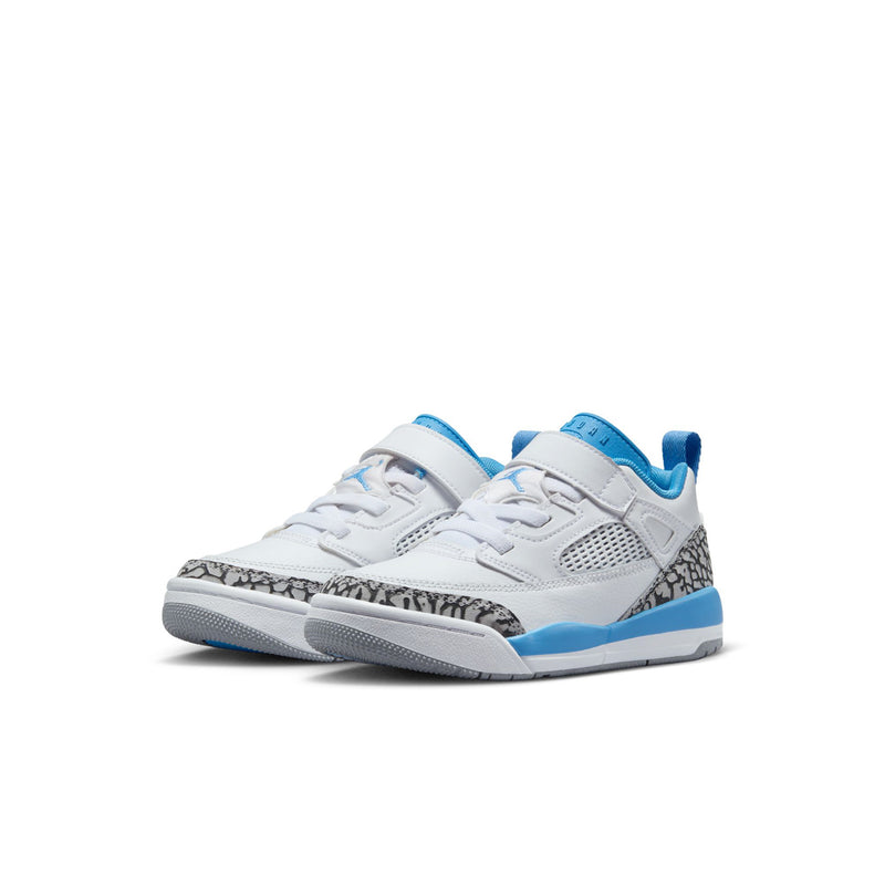 Kids low-top sneaker, side view, white uppers with blue lining and grey speckled panel