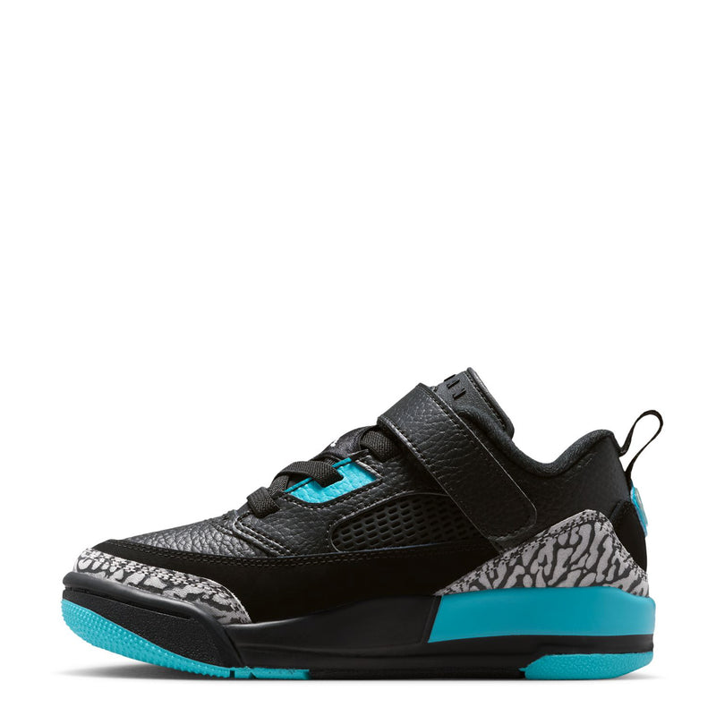 Kids black low-top sneakers, side view, with turquoise eyelets and grey speckled toe