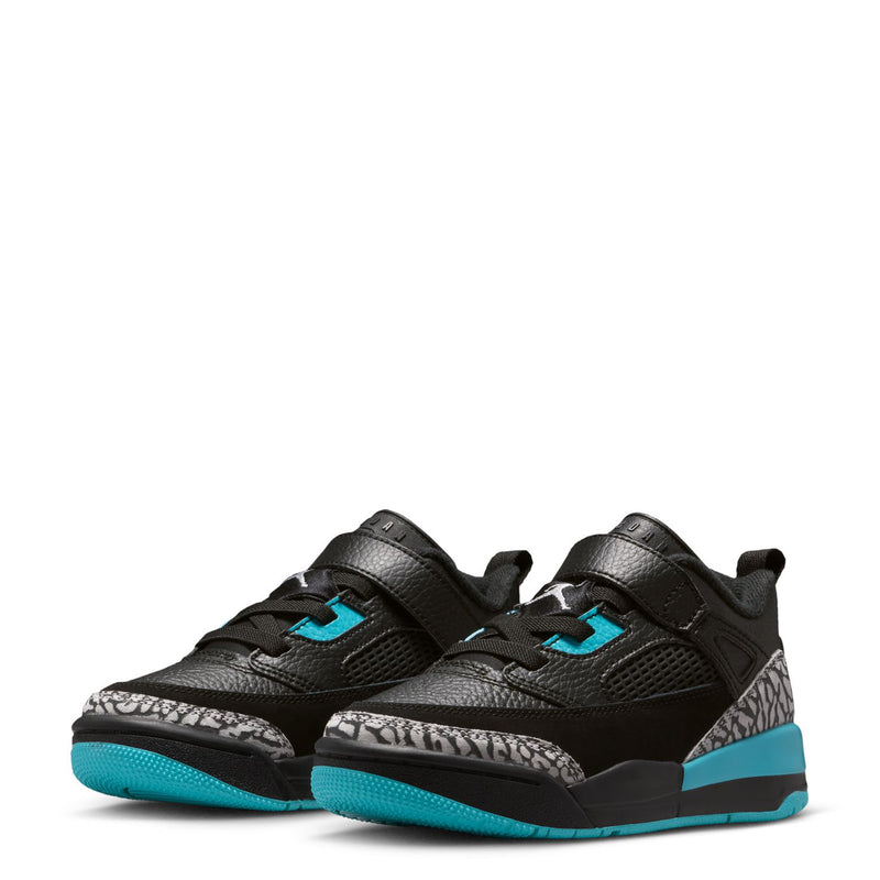 Kids black low-top sneakers with hook-and-loop strap, turquoise details, grey print