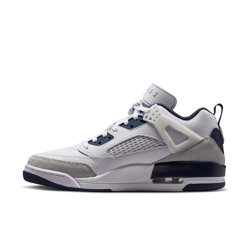 Men's low-top sneakers, white and gray panels with navy trim and lace-up