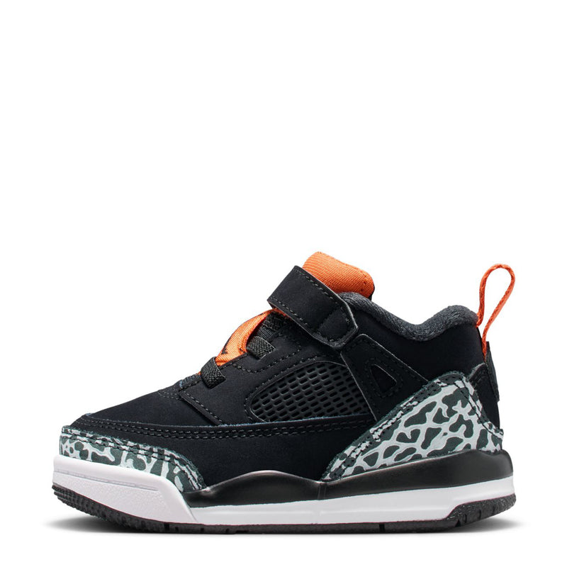 Toddler low-top sneakers, side view: black upper with orange trims and leopard-print toe