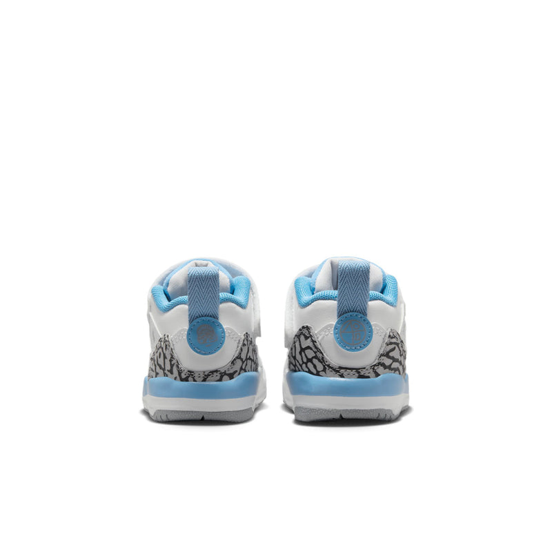 Toddler low-top sneakers, back view; white uppers with light blue heel and leopard trim