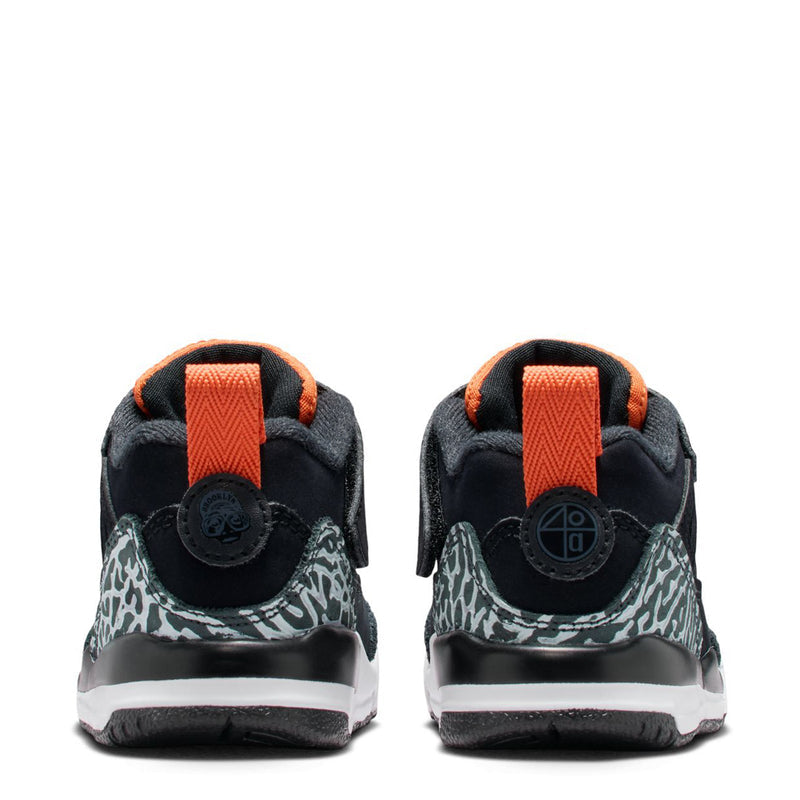 Toddler sneakers heel view: orange pull tab and leopard-print panels on black upper