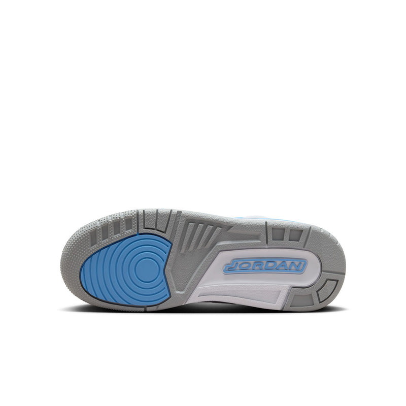 Youth sneaker outsole with gray traction tread, blue circle, and JORDAN logo