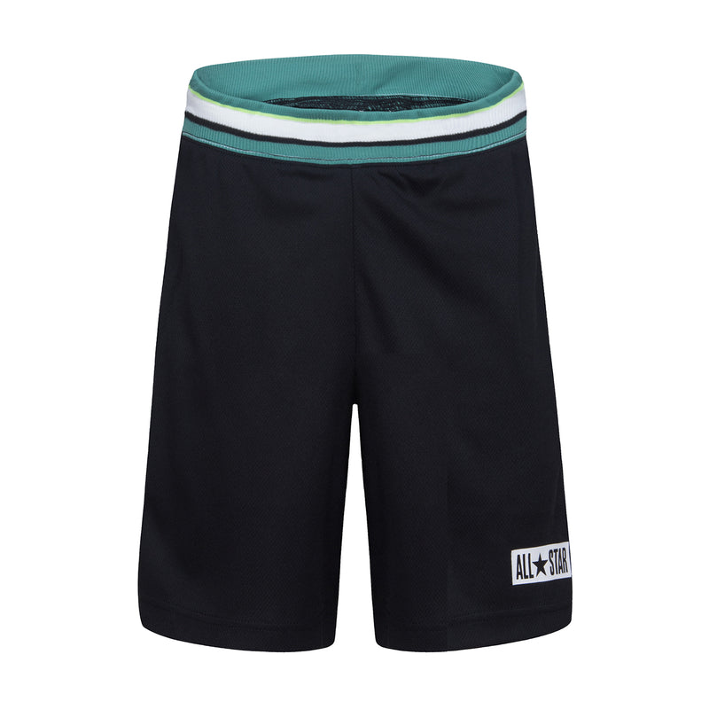Youth black sport mesh shorts with striped waistband and All Star logo patch