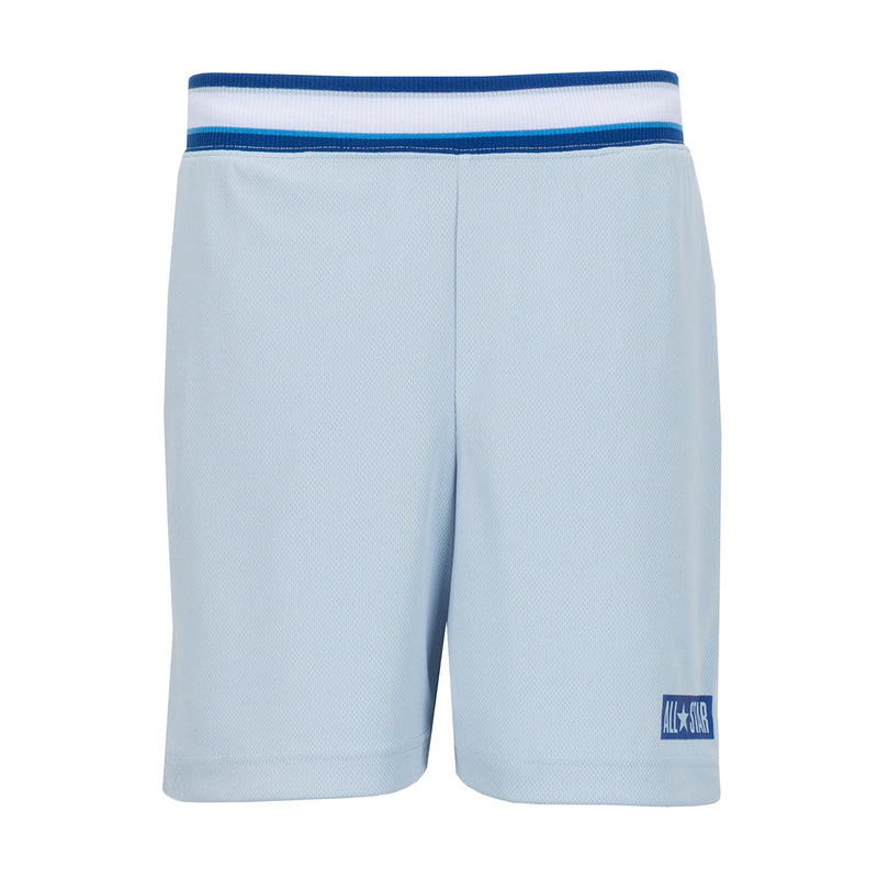 Youth light blue mesh sport shorts with blue waistband trim