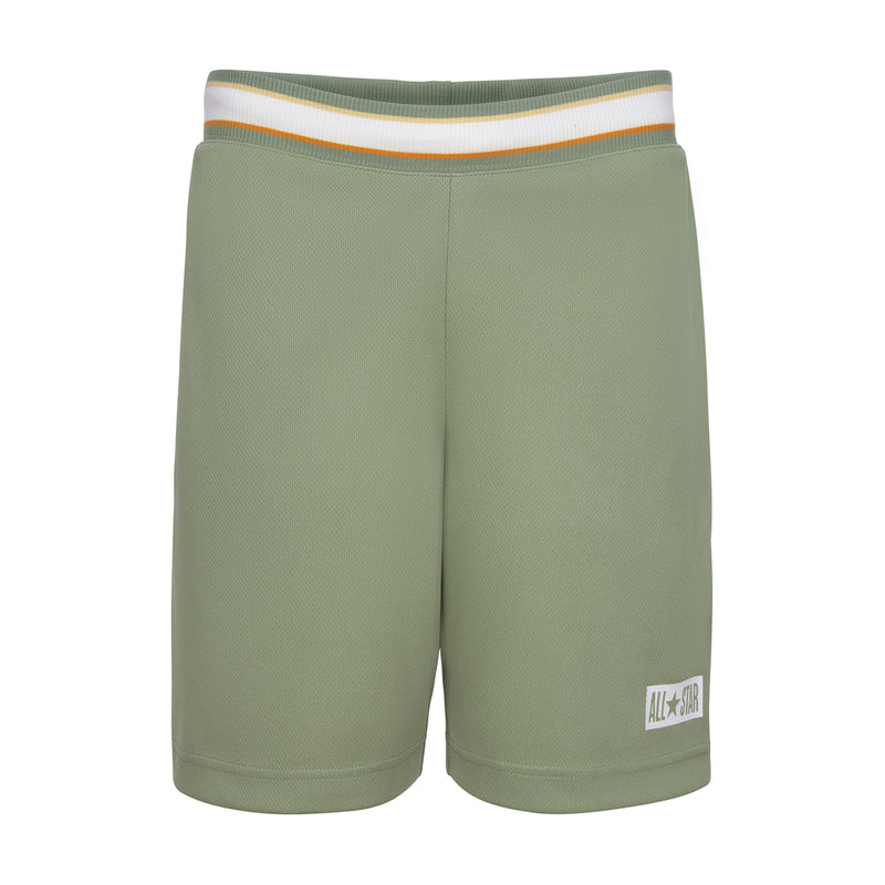 Youth olive mesh shorts with elastic waistband and orange-striped collar, logo patch