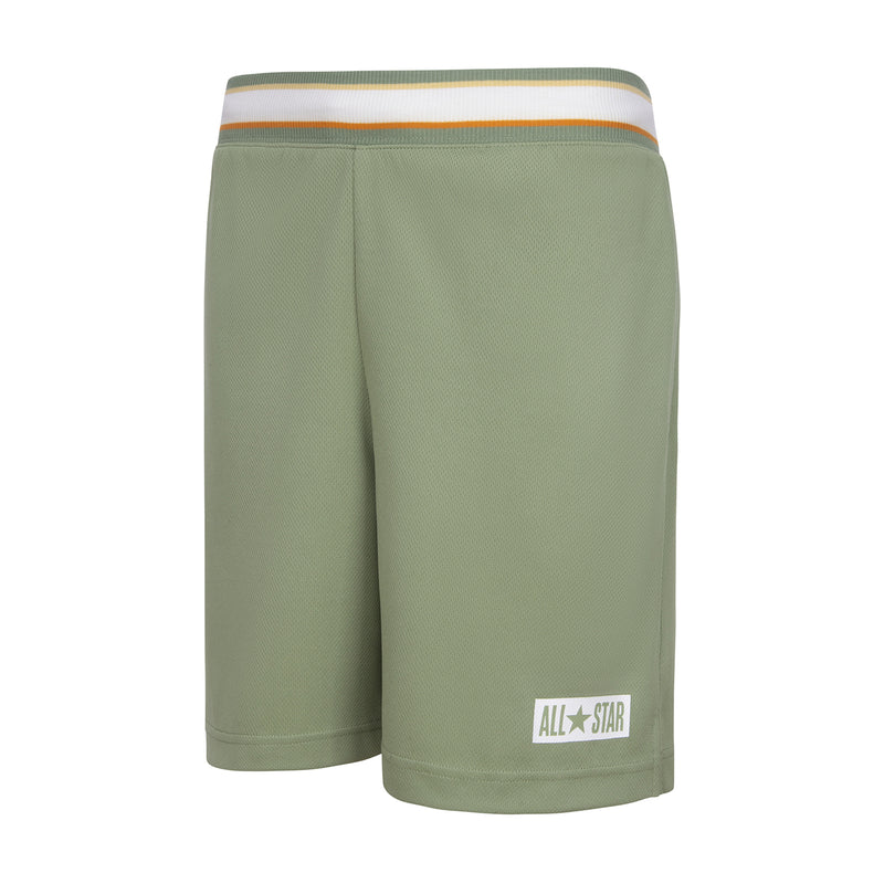 Youth olive mesh shorts, back view, orange-and-white striped waistband, All-Star logo