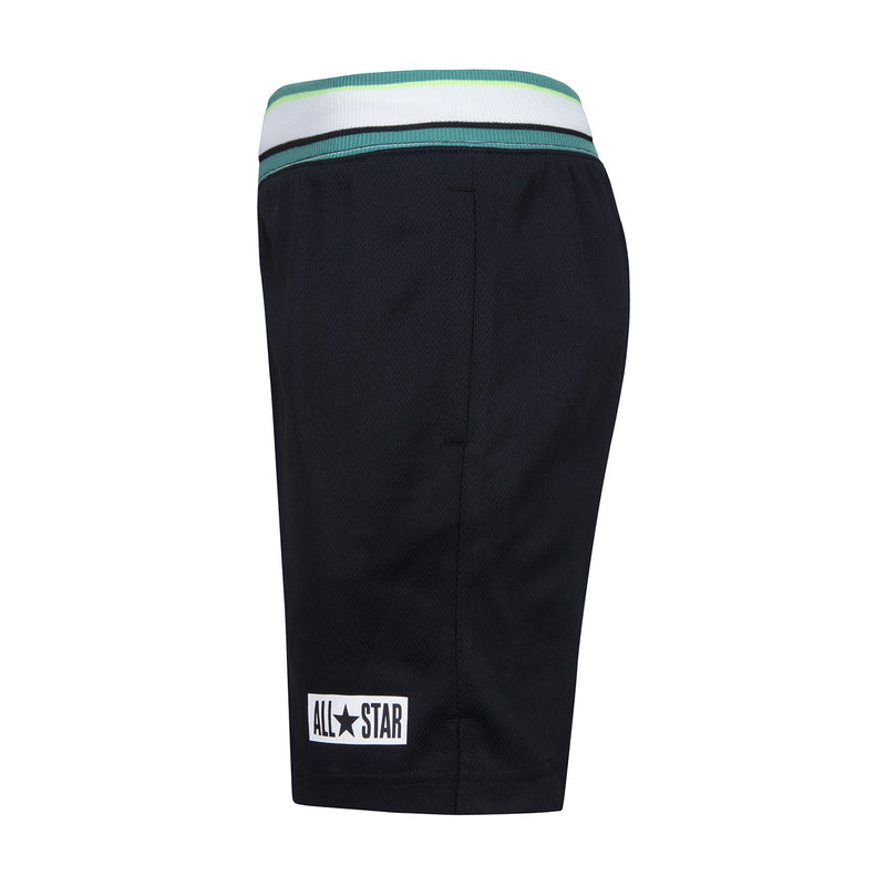 Youth black sport mesh shorts with striped waistband and All Star side logo