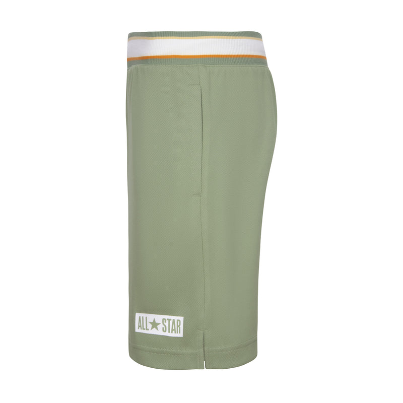 Youth olive mesh shorts, rear view with center seam and All-Star logo patch