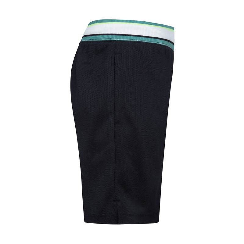 Youth black sport mesh shorts with striped waistband and vertical center seam