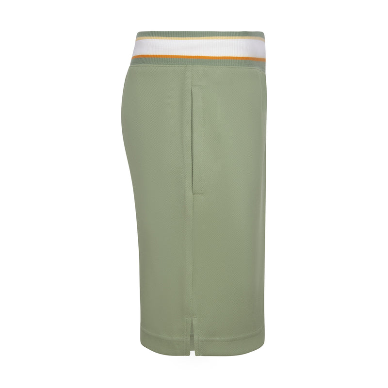 Youth olive mesh shorts side view, orange-and-white striped waistband