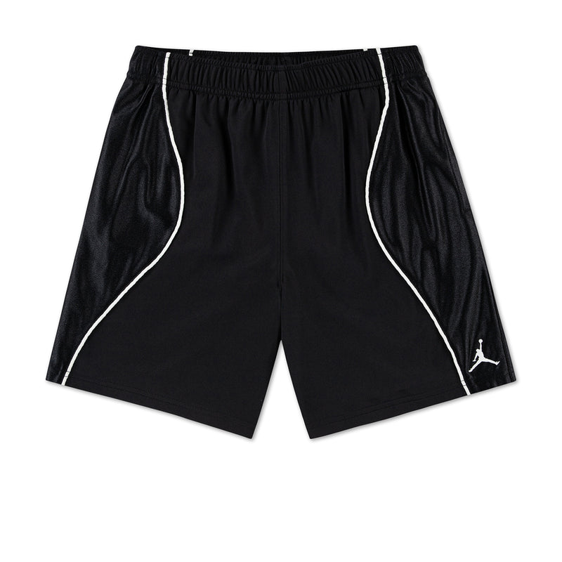 Youth black athletic shorts with white piping, elastic waistband, Jordan logo.