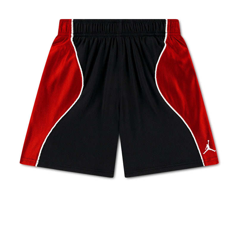 Youth athletic shorts with black body, gym red side panels, contrast piping, elastic waist