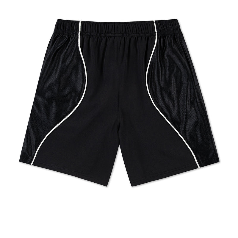 Youth black athletic shorts with white trim piping, elastic waistband, Jordan logo mark.