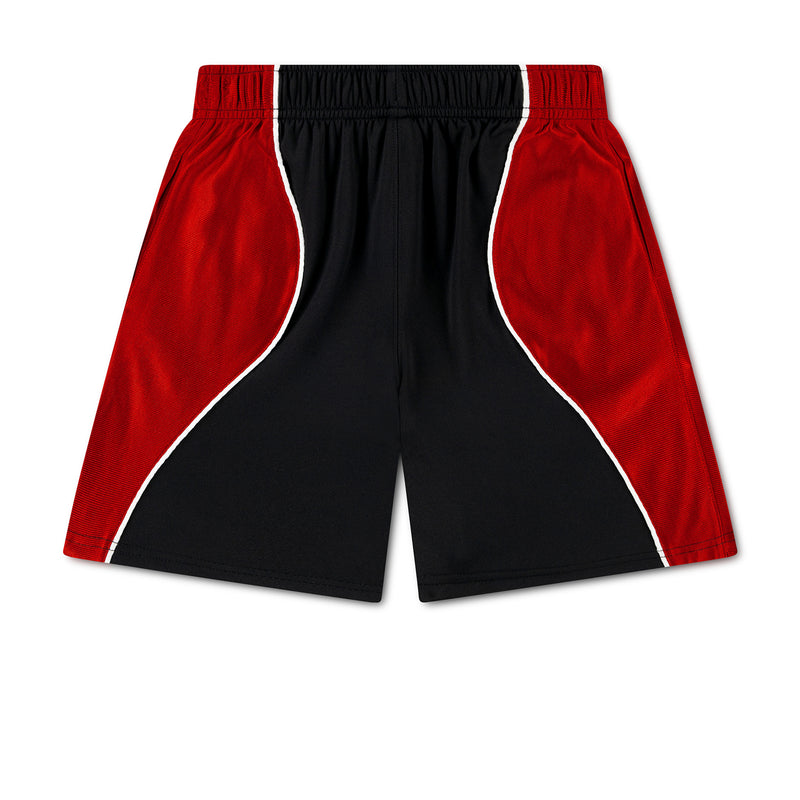 Front view of youth athletic shorts: black body with gym red side panels and elastic waist
