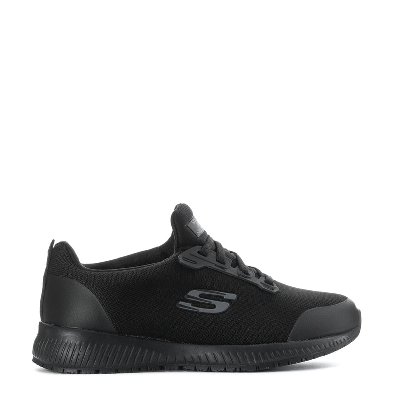 Women’s black athletic sneaker side profile with stitched logo and lace-up design