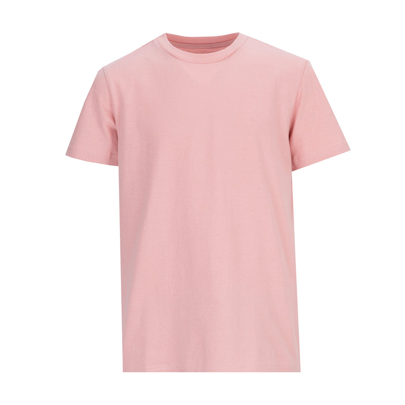 Youth pink crew-neck T-shirt with short sleeves, simple solid design.