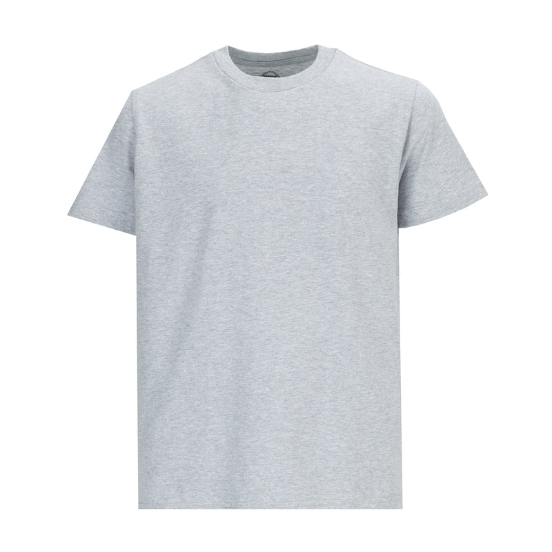 Youth heather grey crew neck t-shirt, short sleeve, front view