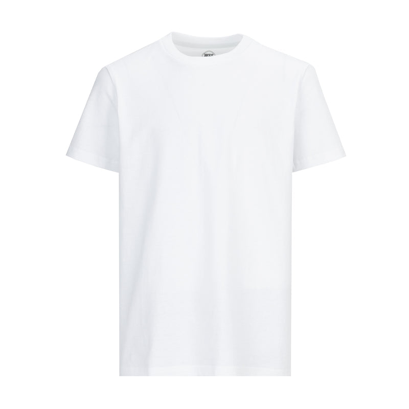 Youth white crew neck T-shirt with short sleeves and ribbed crew collar, front view.