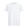 Youth white crew neck T-shirt with short sleeves and ribbed crew collar, front view.
