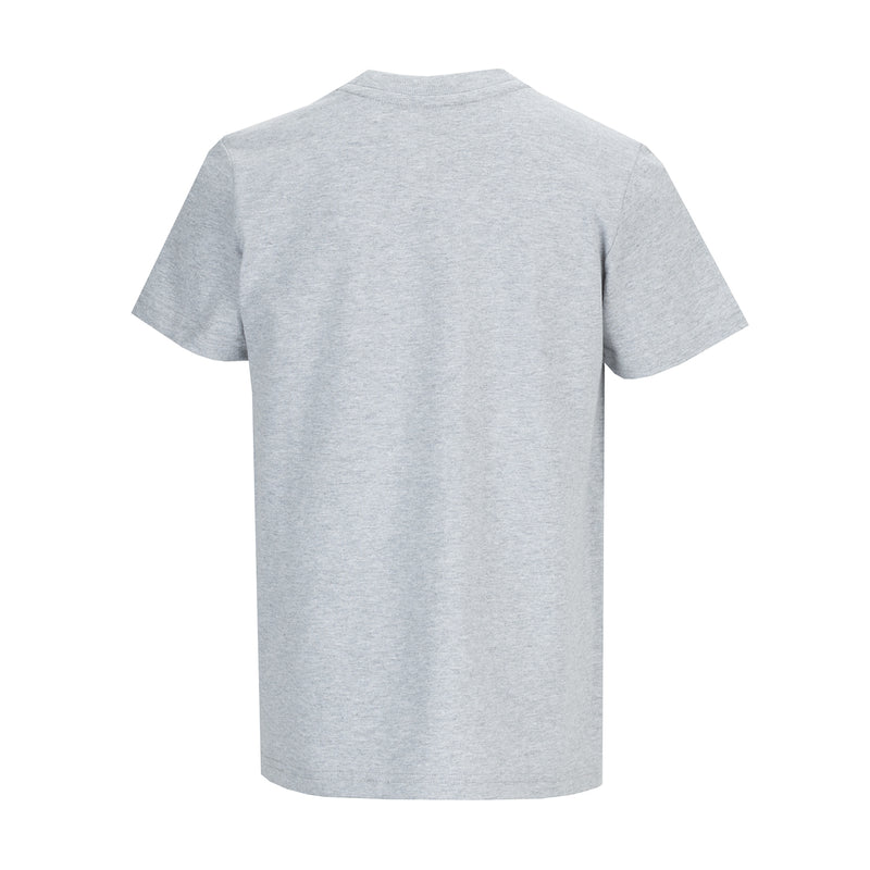 Youth heather grey crew neck t-shirt, short sleeve, back view