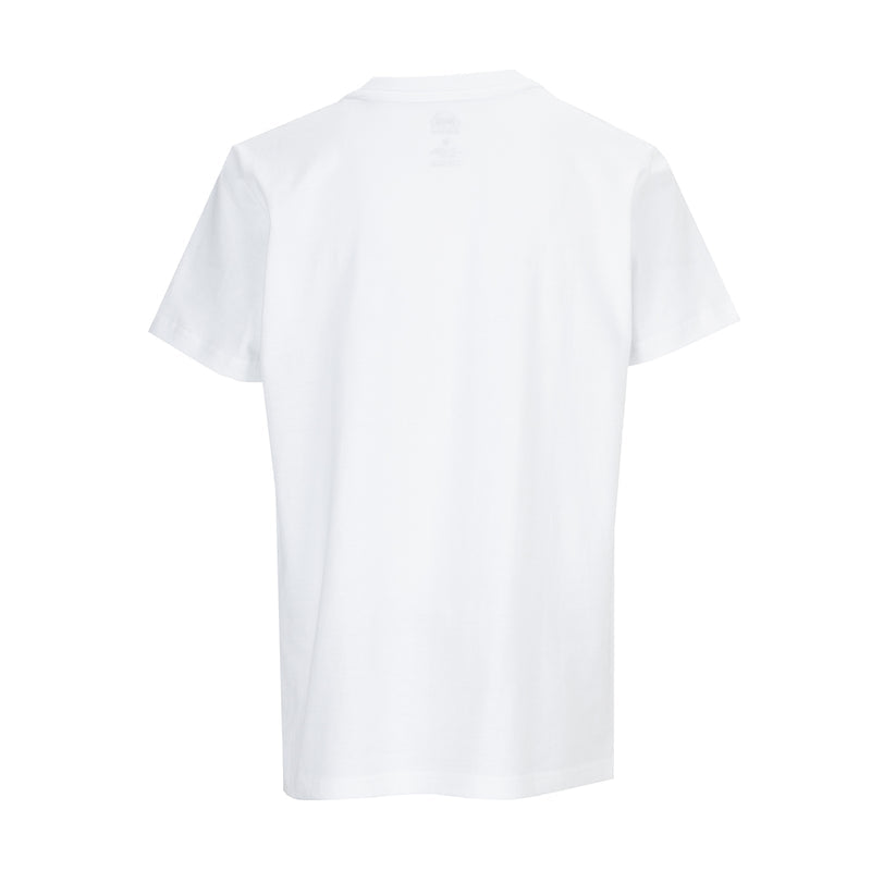 Youth white crew neck T-shirt with short sleeves, plain back view.