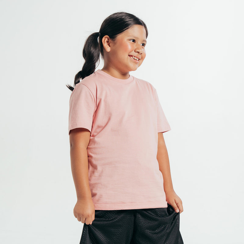 Pink crew-neck T-shirt worn by a child, short sleeves, solid color.