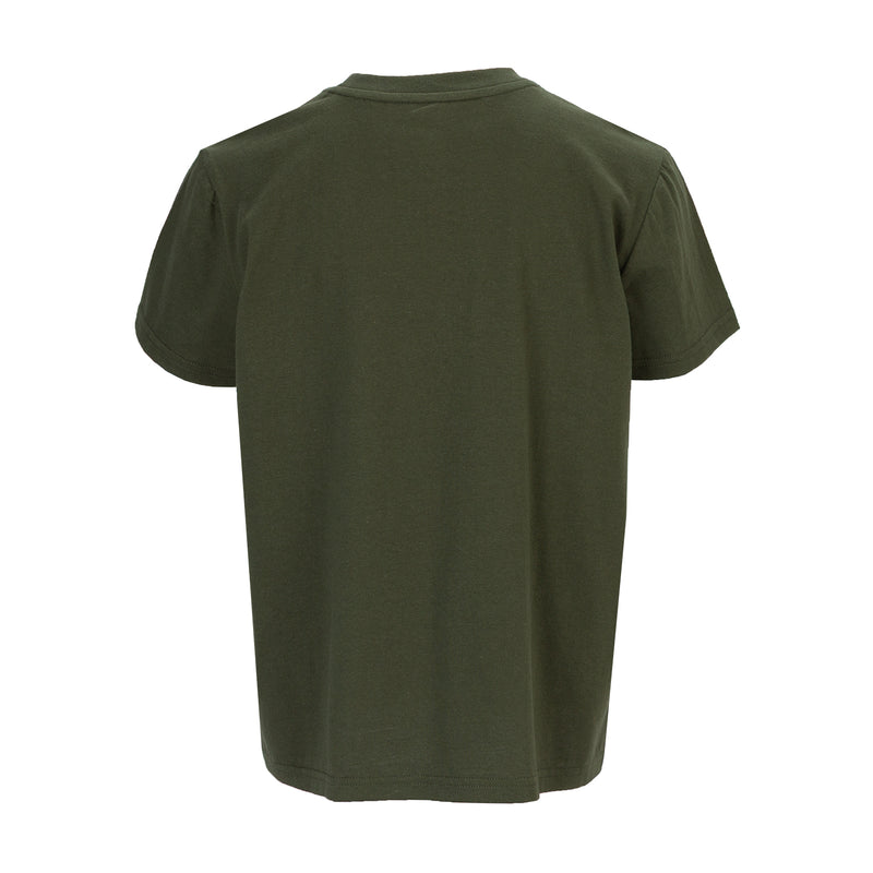 Youth crew T-shirt, forest night dark green, back view with crew neck