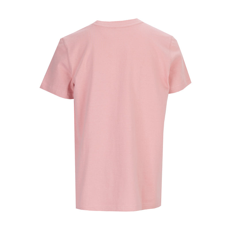 Youth pink crew-neck T-shirt, short sleeves; back view with solid design.