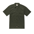 Mens olive green short-sleeve work shirt with button front and two chest pockets